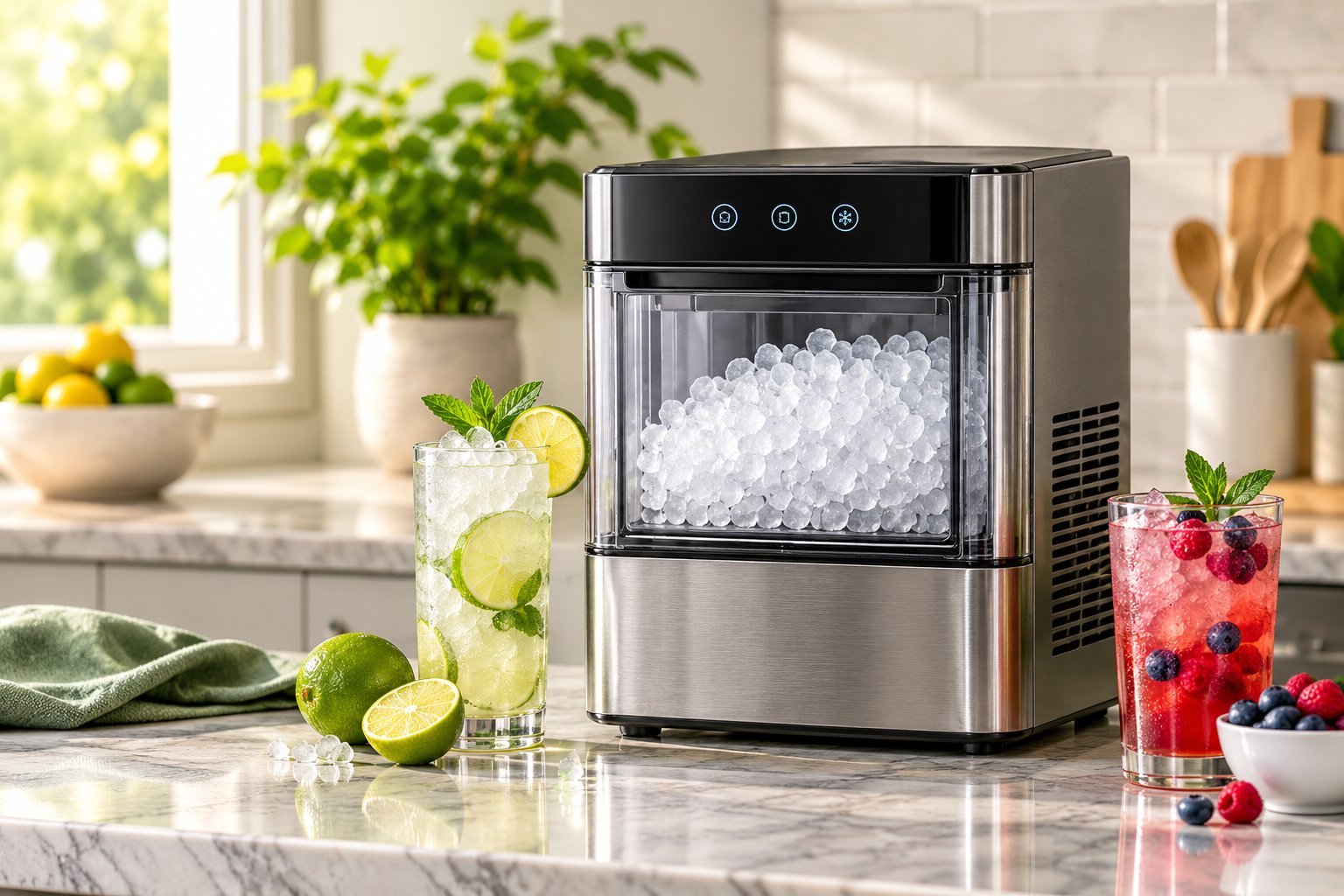 Illustrative kitchen scene with a countertop ice-making appliance, nugget ice and colorful iced drinks. Concept artwork, not a photograph of a specific retail product.